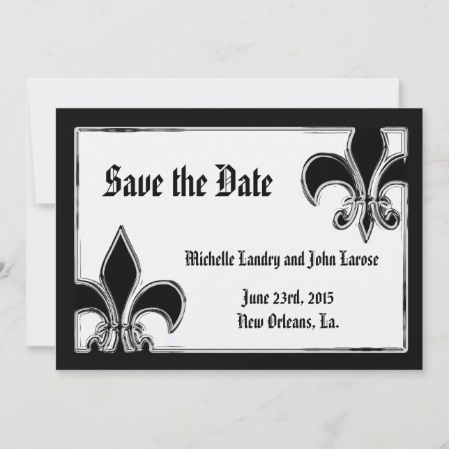 Black and White Chrome Fleur de Lis Save the Date (Front)