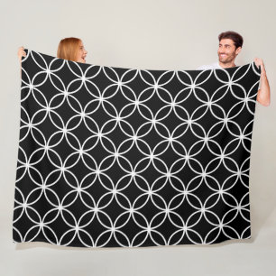 Black and white circle diamonds petals pattern fleece blanket