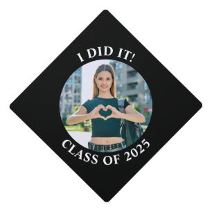 Black and White Circle School Photo Graduation Cap Topper