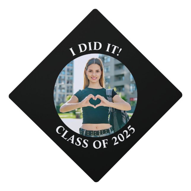 Black and White Circle School Photo Graduation Cap Topper (Front)