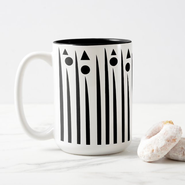 Black and White Circle Triangle Stripe Pattern Two-Tone Coffee Mug (With Donut)