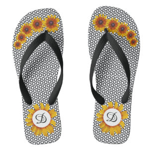 Black And White Circles With Sunflowers Flip Flops