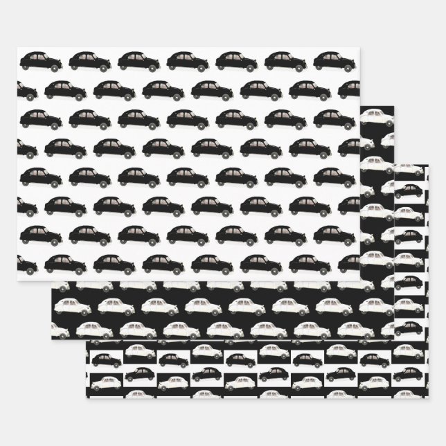 Black And White Citroen 2 CV Pattern Wrapping Paper Sheet (Set)