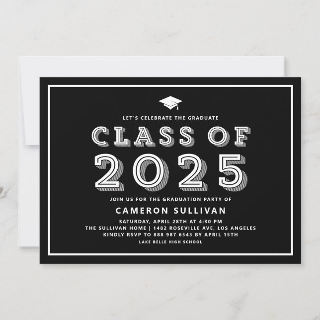 Black and White Class of 2025 Cap Retro Graduation Invitation (Front)
