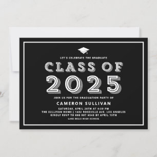 Black and White Class of 2025 Cap Retro Graduation Invitation