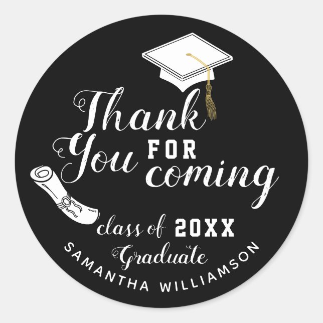 Black and White Class of 2025 Graduate Thank You Classic Round Sticker (Front)