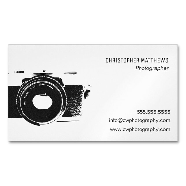 Black and white classic camera photographer 	Magnetic business card (Front)