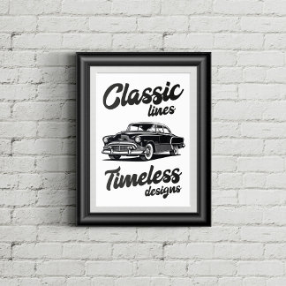 Black and white classic car illustration. poster