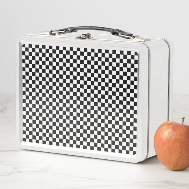 Black and White Classic Chequerboard by STaylor Metal Lunch Box (In Situ)
