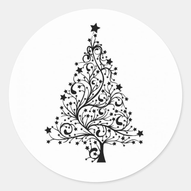 Black and White Classic Christmas Tree Classic Round Sticker (Front)