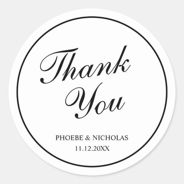 Black and White Classic Elegant Wedding Round Sticker (Front)