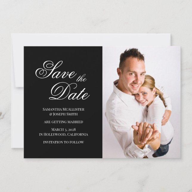 Black and White Classic Fancy Calligraphy Photo Save The Date (Front)