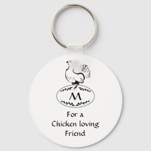 Black and White Classic Hen on a Monogram Egg Keychain