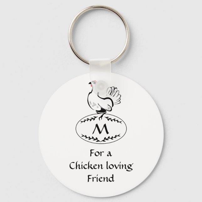Black and White Classic Hen on a Monogram Egg Keychain (Front)