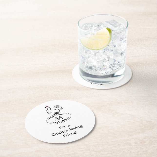 Black and White Classic Hen on a Monogram Egg Round Paper Coaster (Insitu)
