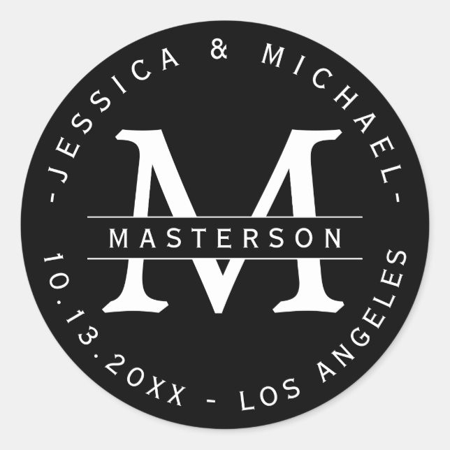 Black and White Classic Monogram Wedding Stickers (Front)