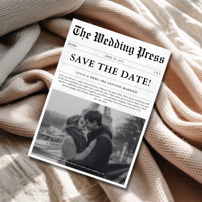 Black and White Classic Newspaper Wedding Photo Save The Date (Creator Uploaded)