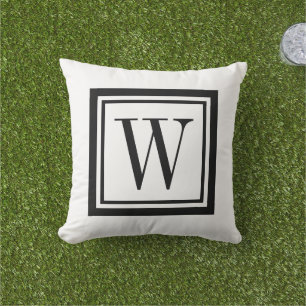 Black and White Classic Square Monogram Outdoor Pillow