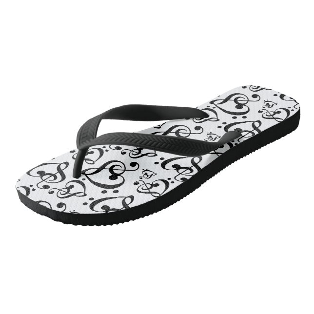 Black And White Clef Hearts Music Notes Shoes Flip Flops (Angled)