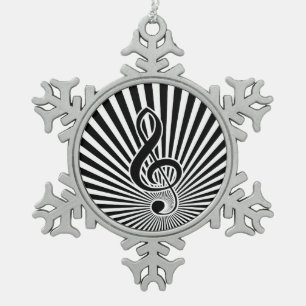 Black and White Clef Music Note on Starburst Snowflake Pewter Christmas Ornament