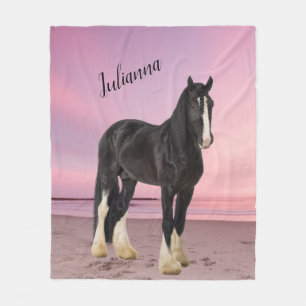 Black and White Clydesdale on the Beach at Sunset  Fleece Blanket