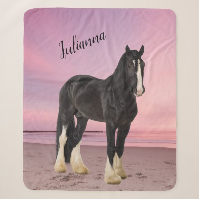 Black and White Clydesdale on the Beach at Sunset  Sherpa Blanket (Front)