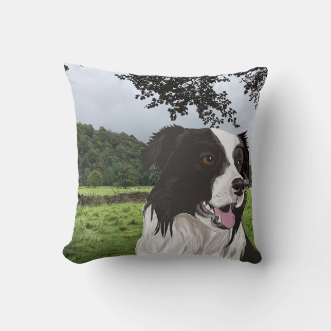 Black and White Collie against a Yorkshire scene Throw Pillow (Front)