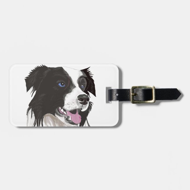 black and white collie blue eyes luggage tag (Front Horizontal)