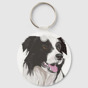 Black and White Collie with Brown Eyes Keychain