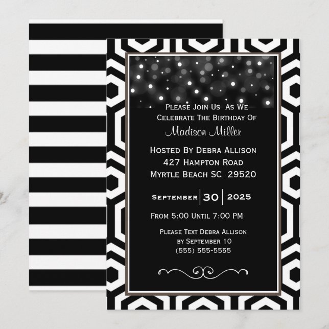 Black and White Confetti Birthday Party Invitation (Front/Back)