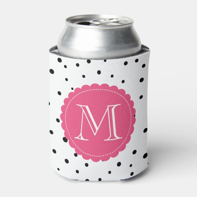 Black and White Confetti Dots Hot Pink Monogram Can Cooler (Can Front)