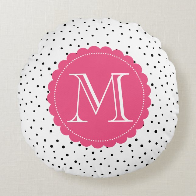 Black and White Confetti Dots Hot Pink Monogram Round Pillow (Front)