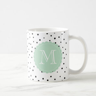 Black and White Confetti Dots Mint Monogram Mug