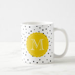 Black and White Confetti Dots Yellow Monogram Mug<br><div class="desc">Bright and modern monogram mug featuring black polka dots pattern with yellow scallop-edge tag. This personalized girly mug will be perfect as a gift.</div>
