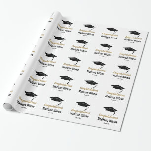 Black and White Congratulations Graduation Cap Wrapping Paper