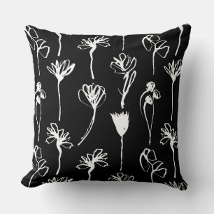 Black and White Contemporary Floral Throw Pillow
