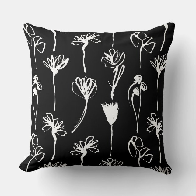 Black and White Contemporary Floral  Throw Pillow (Front)