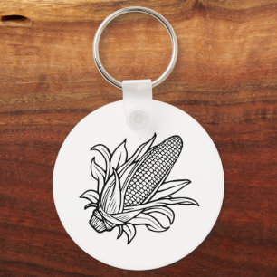 Black and white corn cob icon with leaves keychain