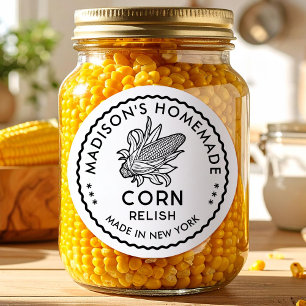 Black and white corn relish label with cob icon