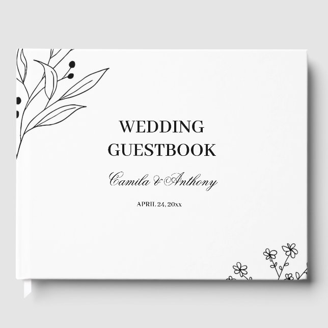 Black and White Corner Floral Boho Wedding Guest Book (Front)