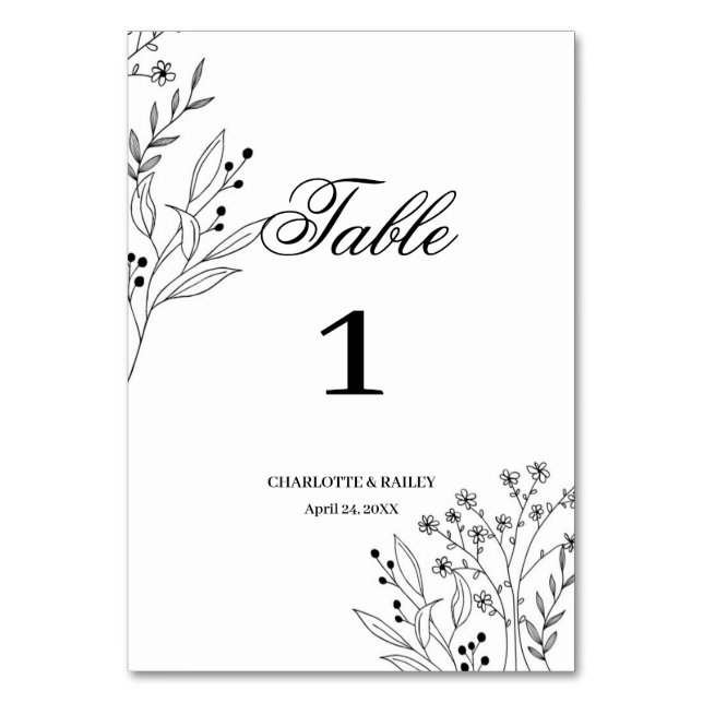 Black and White Corner Floral Boho Wedding Table Number (Front)