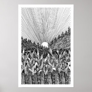 Black and White Cornfield Sunrise Fine Line Art Dr Poster