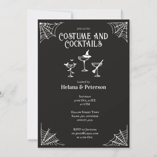 Black and White Costumes and Cocktails Halloween Invitation (Front)