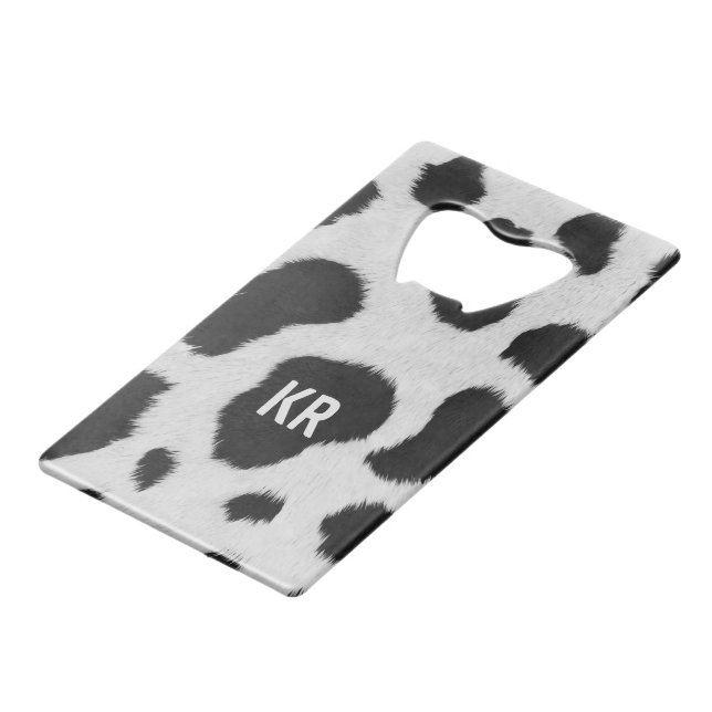 Black and white cow fur pattern background credit card bottle opener (Back Angled)