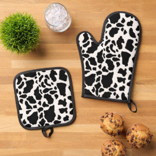 Black and White Cow Print Oven Mitt & Pot Holder Set
