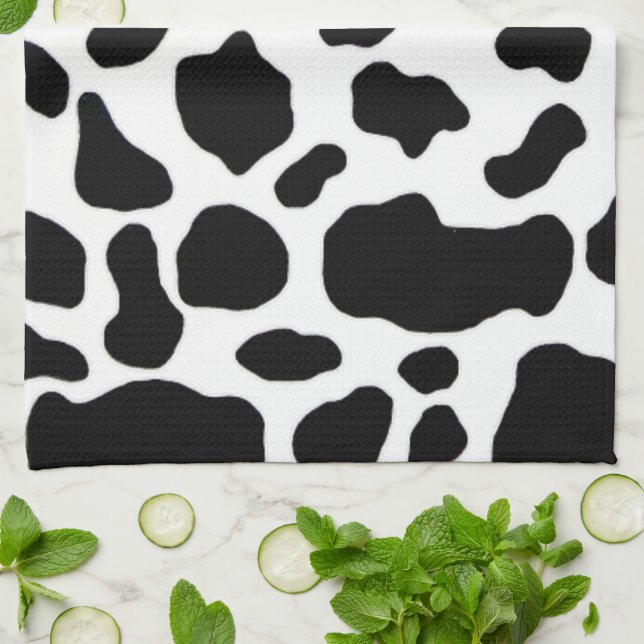 black and white cow print pattern kitchen towel (Folded)