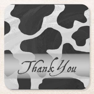 Black and White Cow Print Thank You Square Paper Coaster