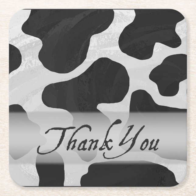 Black and White Cow Print Thank You Square Paper Coaster (Front)