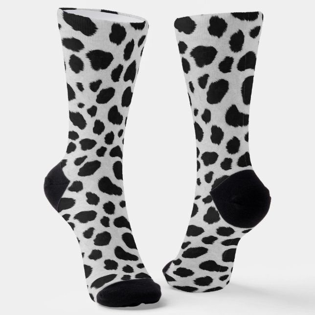 Black and white cow spots pattern faux fur texture socks (Angled)