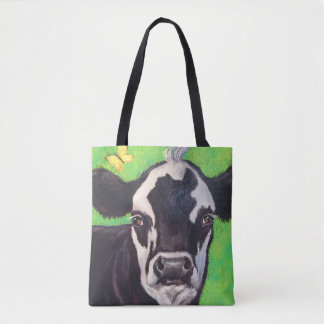 Black and White Cow with Kelly Green Tote Bag